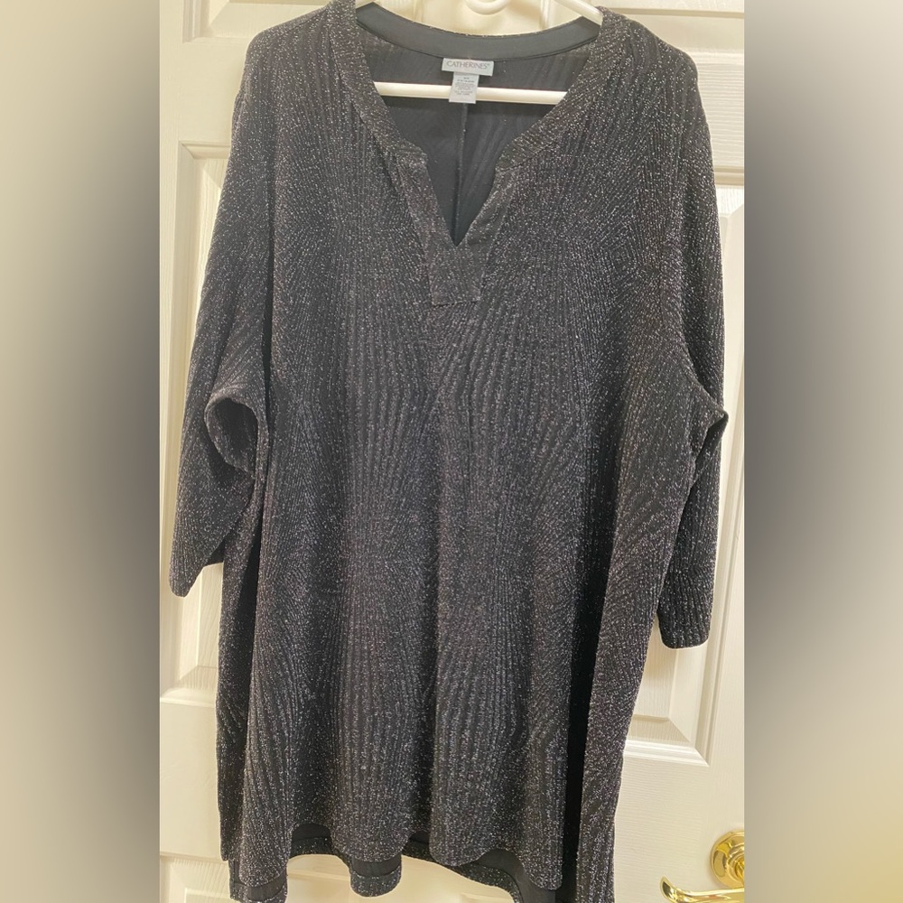 Catherines Black All Nighter Metallic Slinky Scoop V-Neckline Tunic Style Top